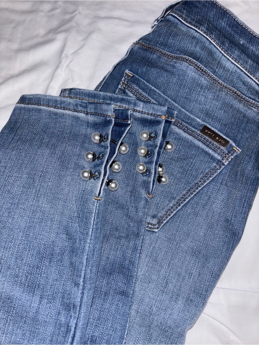 WHBM Skinny Crop Midrise Jeans with Pearl Embellishment